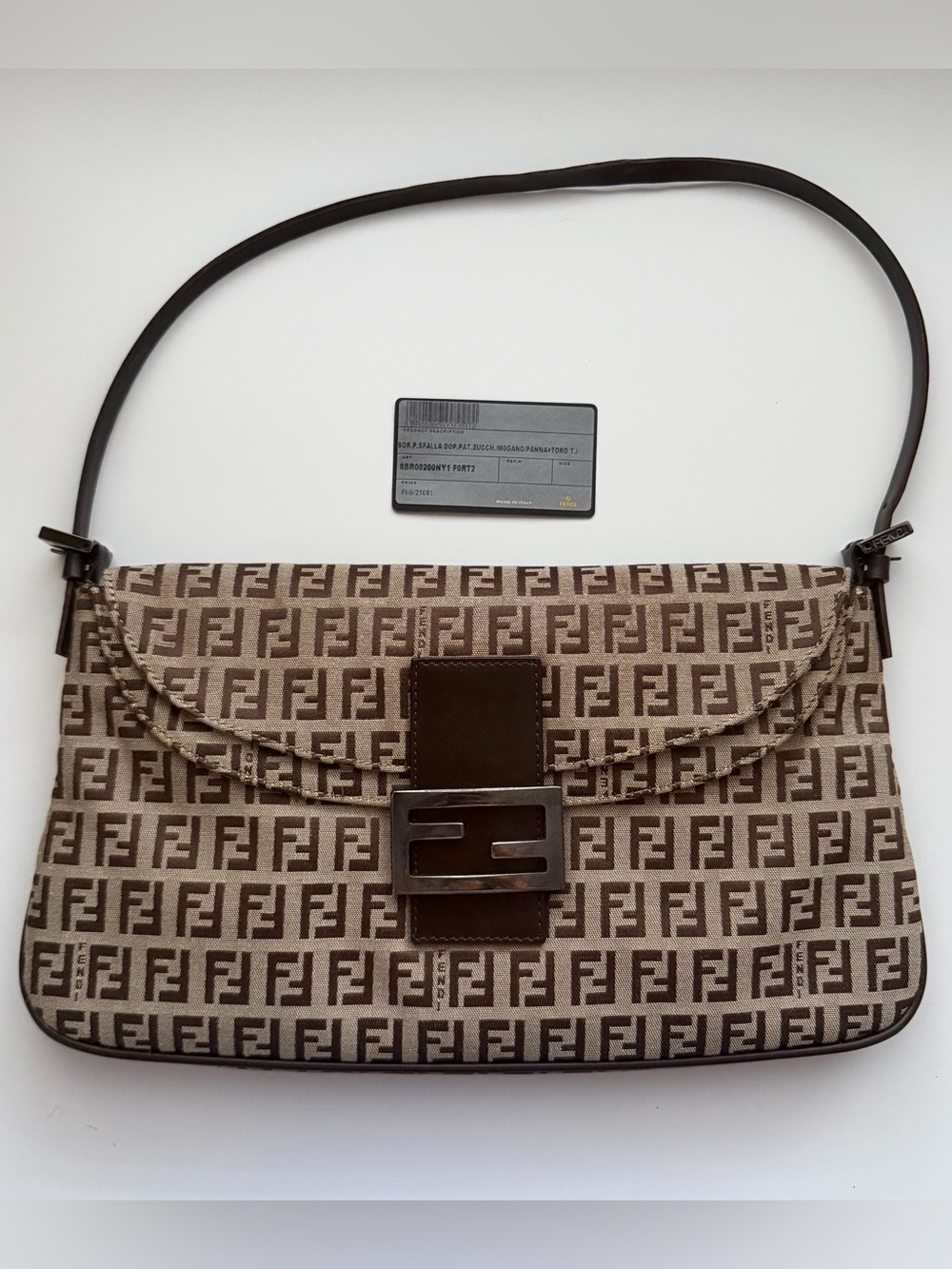 Fendi Beige and Brown FF Logo Baguette Shoulder Bag